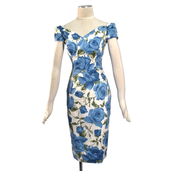 The Pretty Dress Company Dresses & Skirts - The Pretty Dress Company Retro 50s Wiggle Dress Blue Roses Floral Print XS